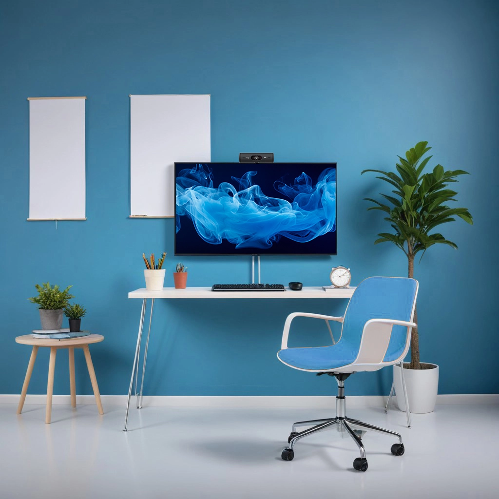 Image of a Home Office done in blue and white with potted plants as accents.