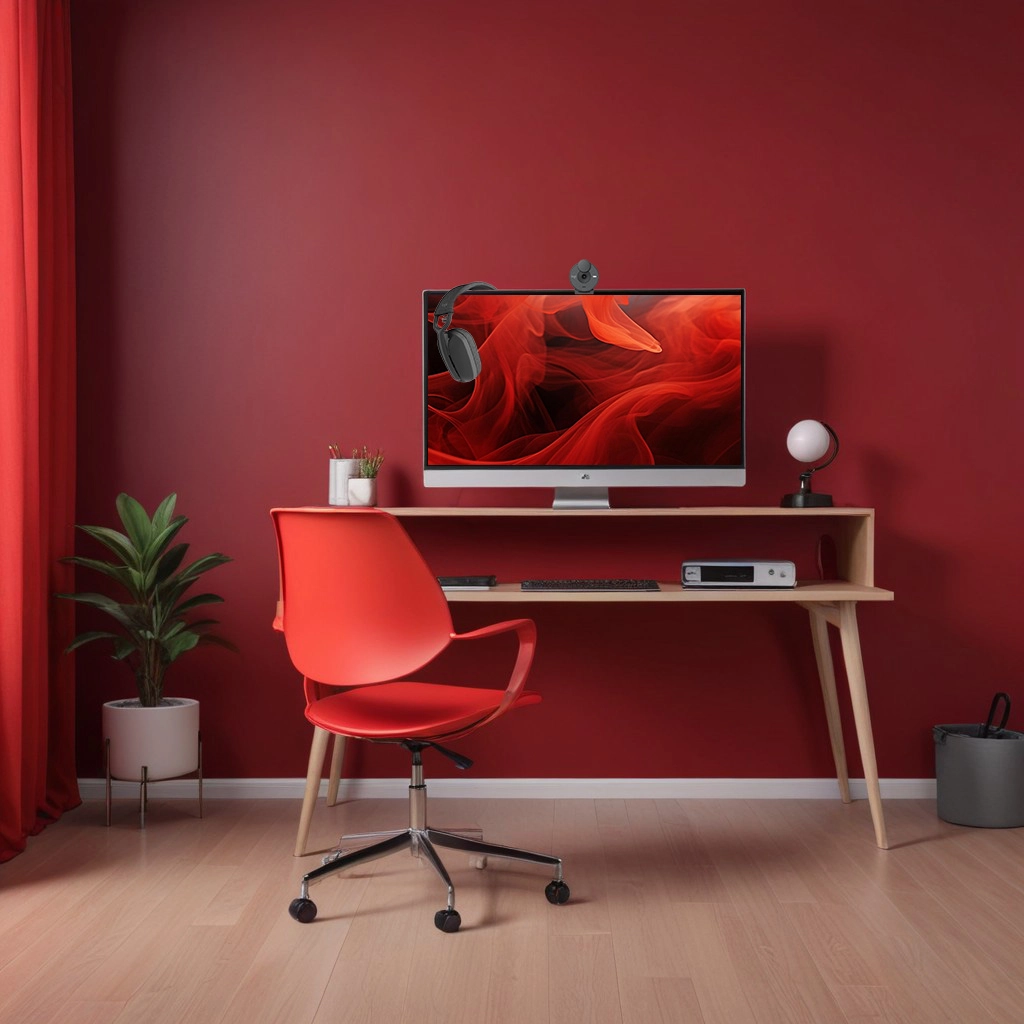 An image of a home office with red walls, red office chair and a two tiered wooden computer table.