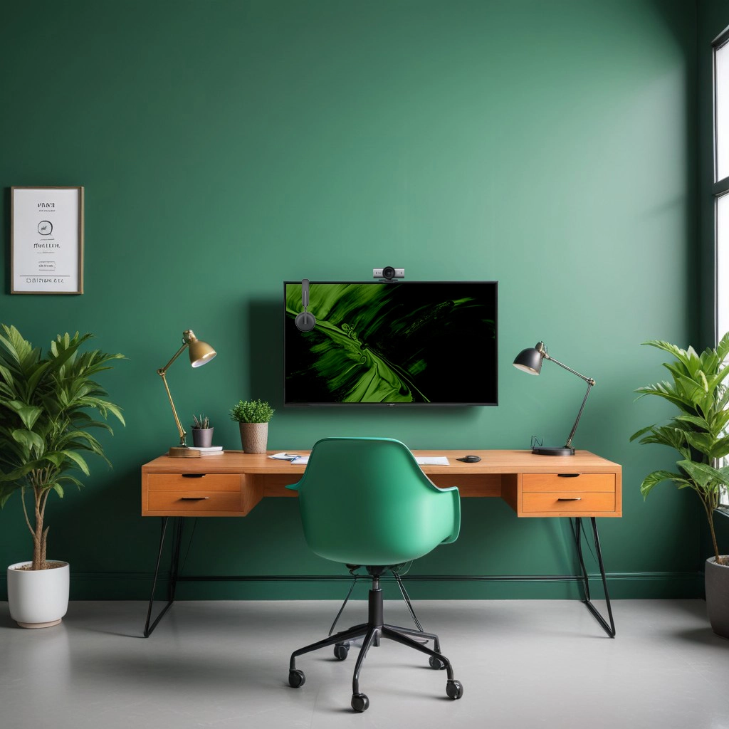An image of a home office with green walls, green office chair and a long brown wooden office desk.