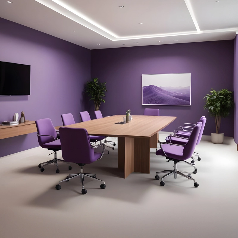 An image of an office space for 10 with violet chairs and walls.