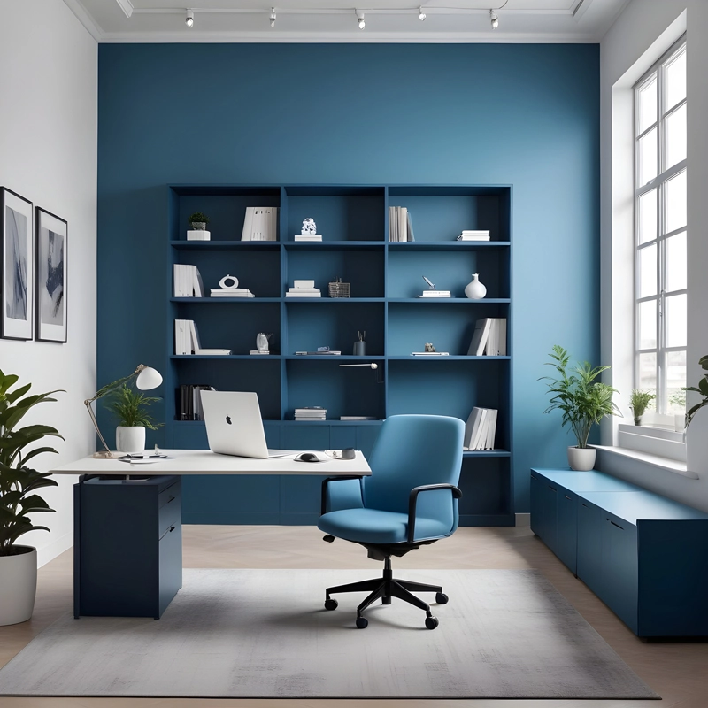 A personal home office space in blue motif