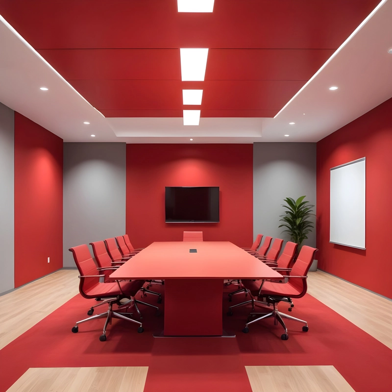 A medium sized, office meeting room for twelve in red motif