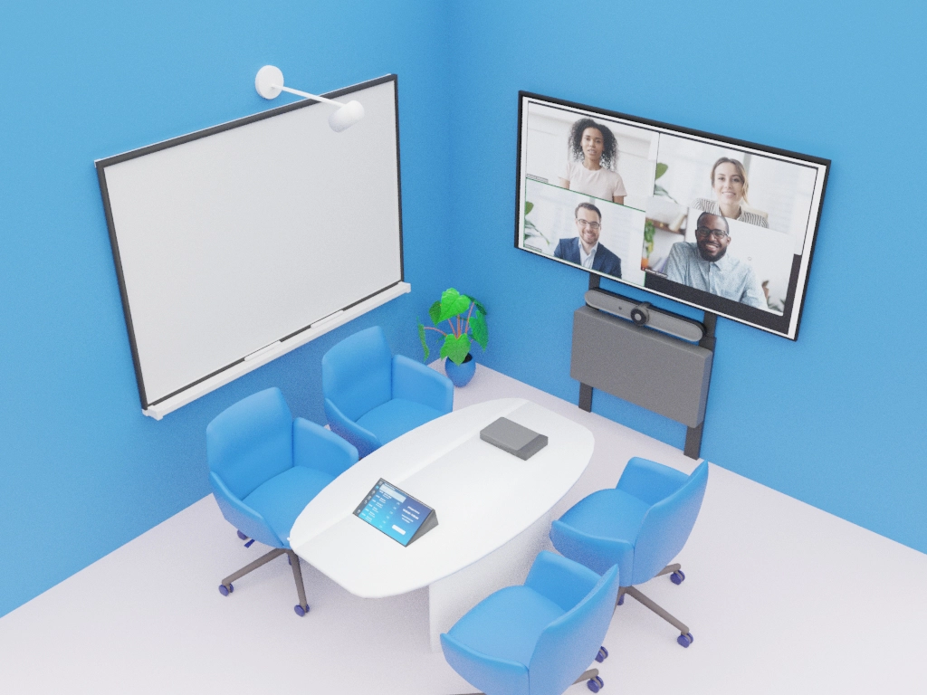Modern meeting room setup with video conferencing screen, table, blue chairs, and whiteboard.