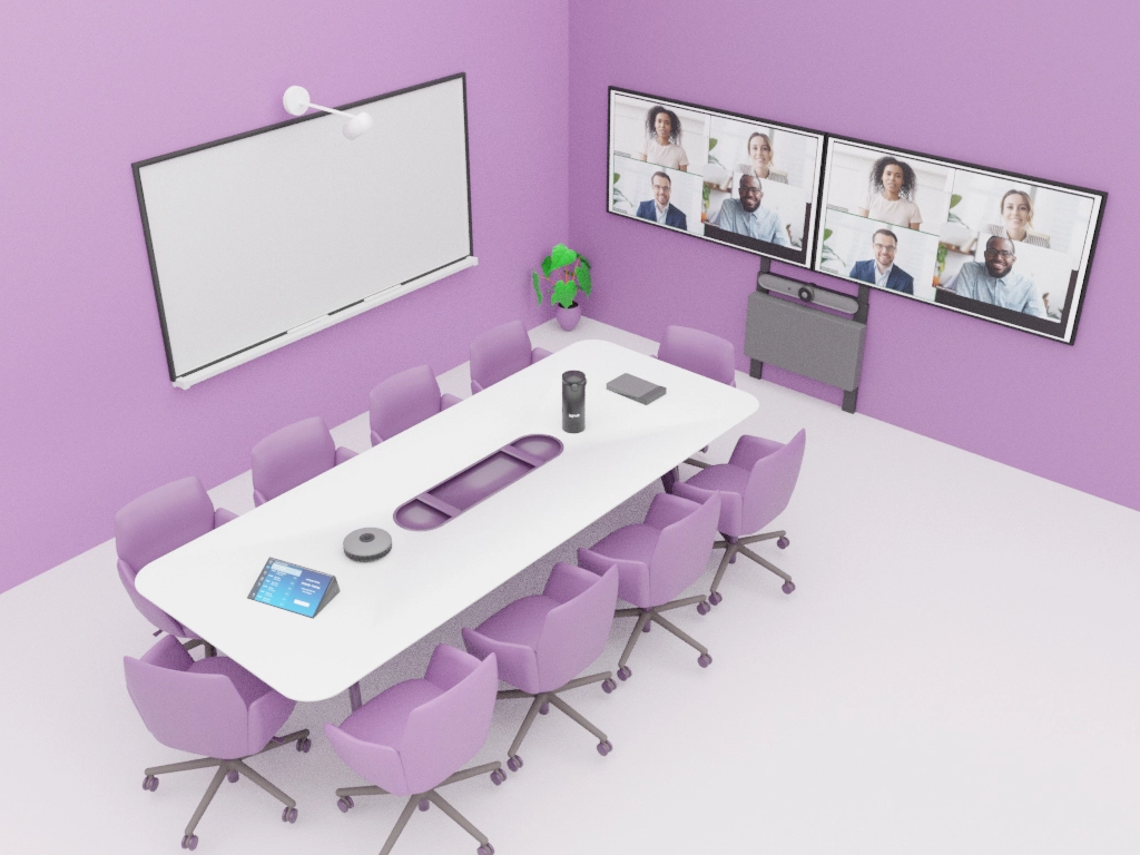 3D illustration of a medium sized office meeting room with ten purple colored chairs and walls.