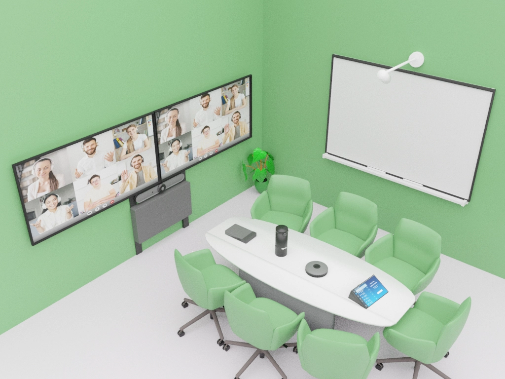 3D illustration of a modern meeting room with green walls and green chairs for seven participants.