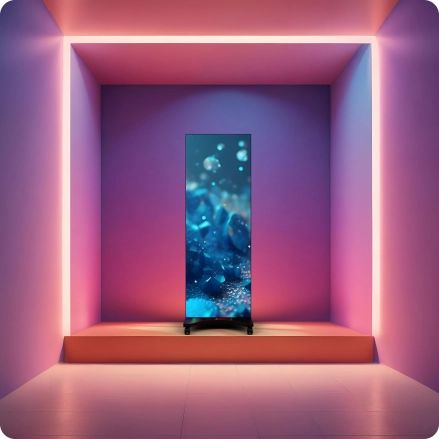 A photo of a floor standing V-Poster framed by purplish led lights and walls