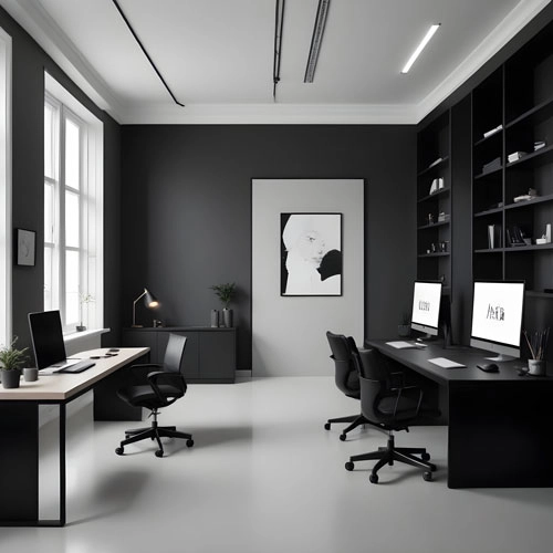 An image of a monochromatic themed office with white elements on the left and the black elements on the right contrasted by the use of display screens on the right and blacked out on the left.