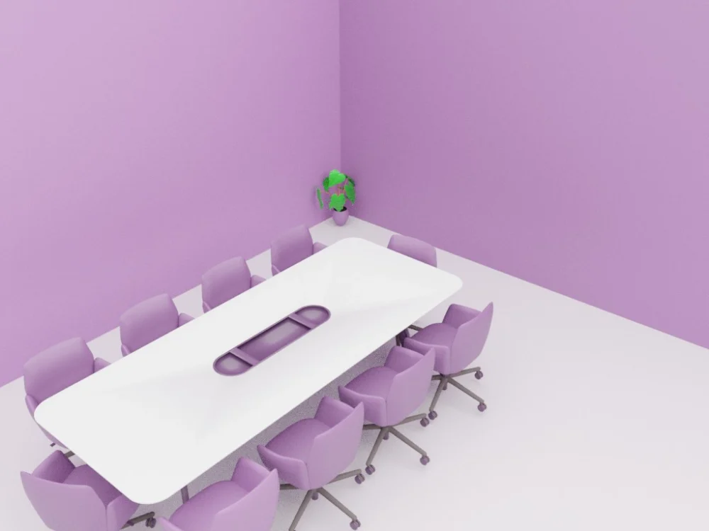 3D illustration of a medium sized office meeting room with ten purple colored chairs and walls.