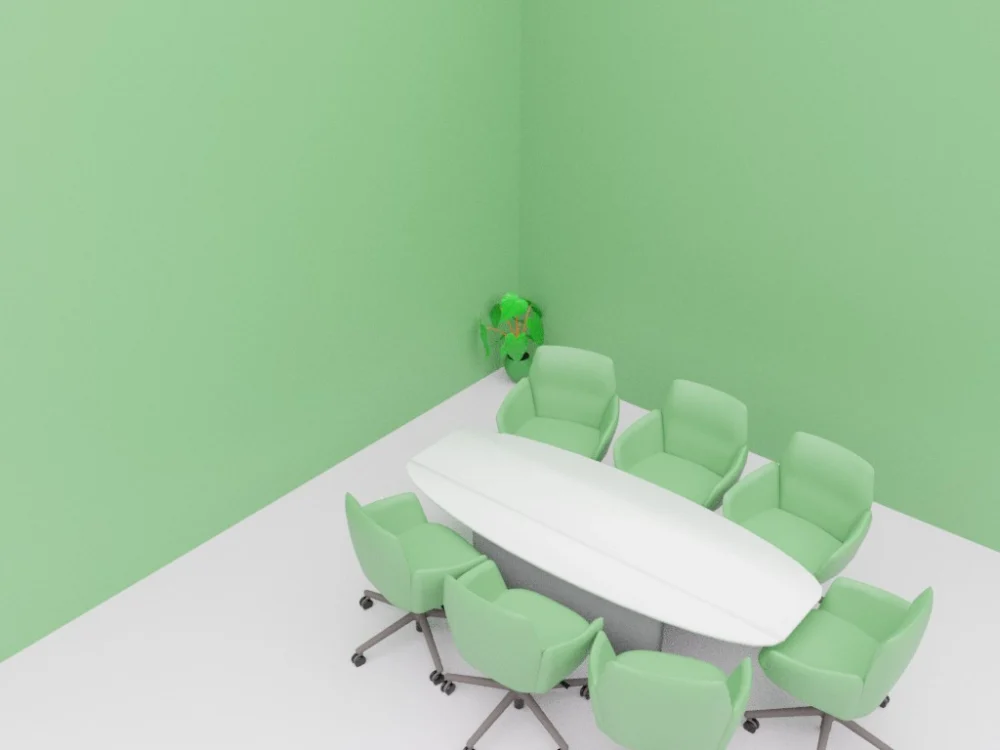 3D illustration of a modern meeting room with green walls and green chairs for seven participants.