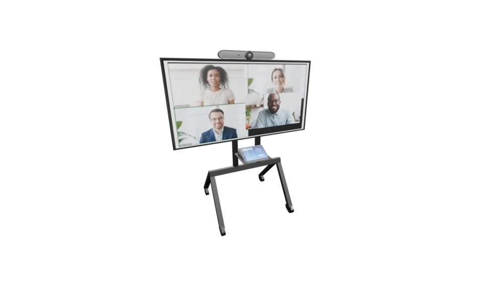 An image of a mobile video conferencing cart with a large display, camera, and control panel