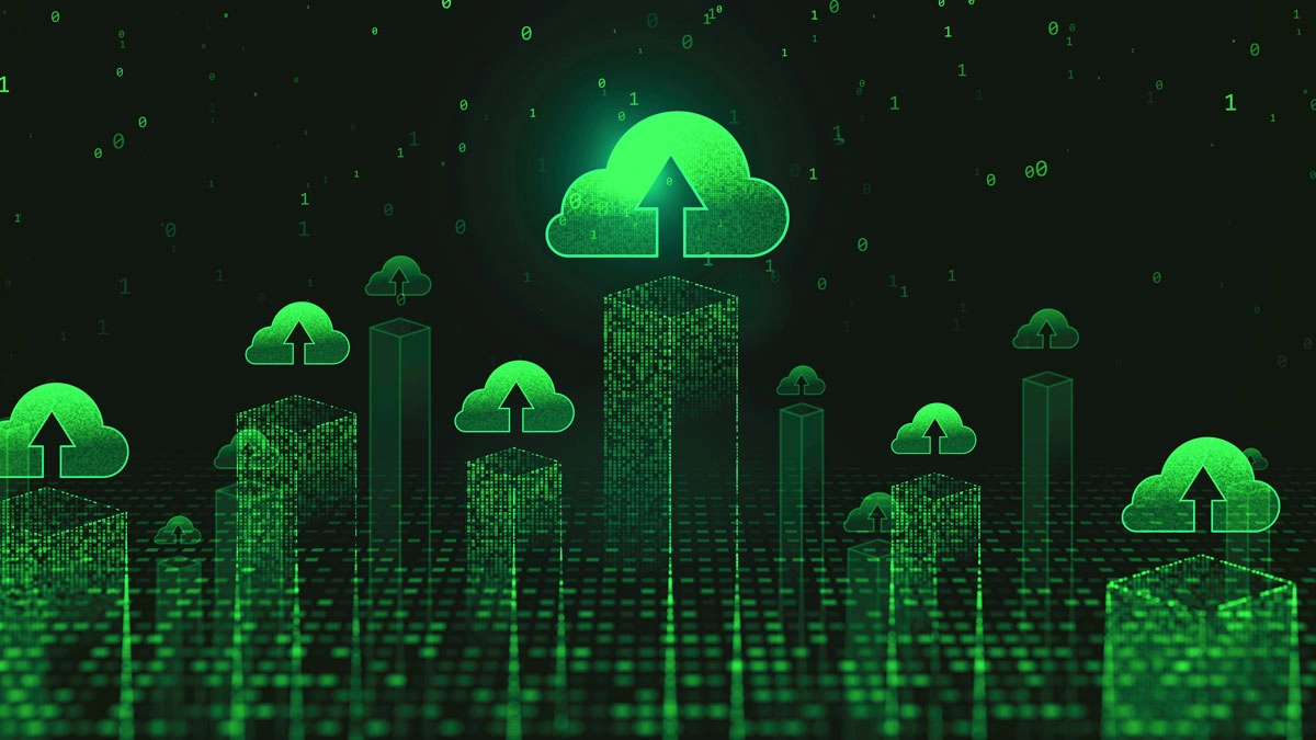 A green cloud featuring a green arrow, representing upward movement or positive change.